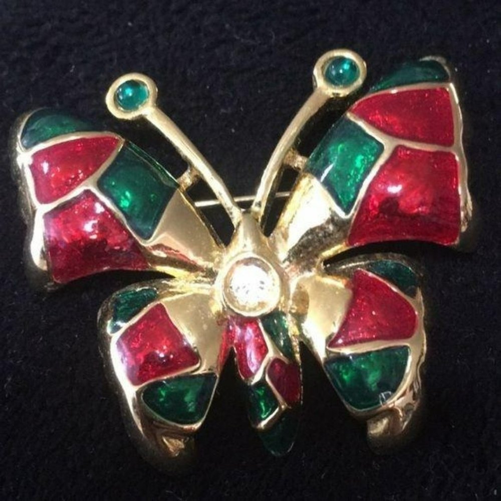 Butterfly Gold Plated Red Green Butterfly Brooch